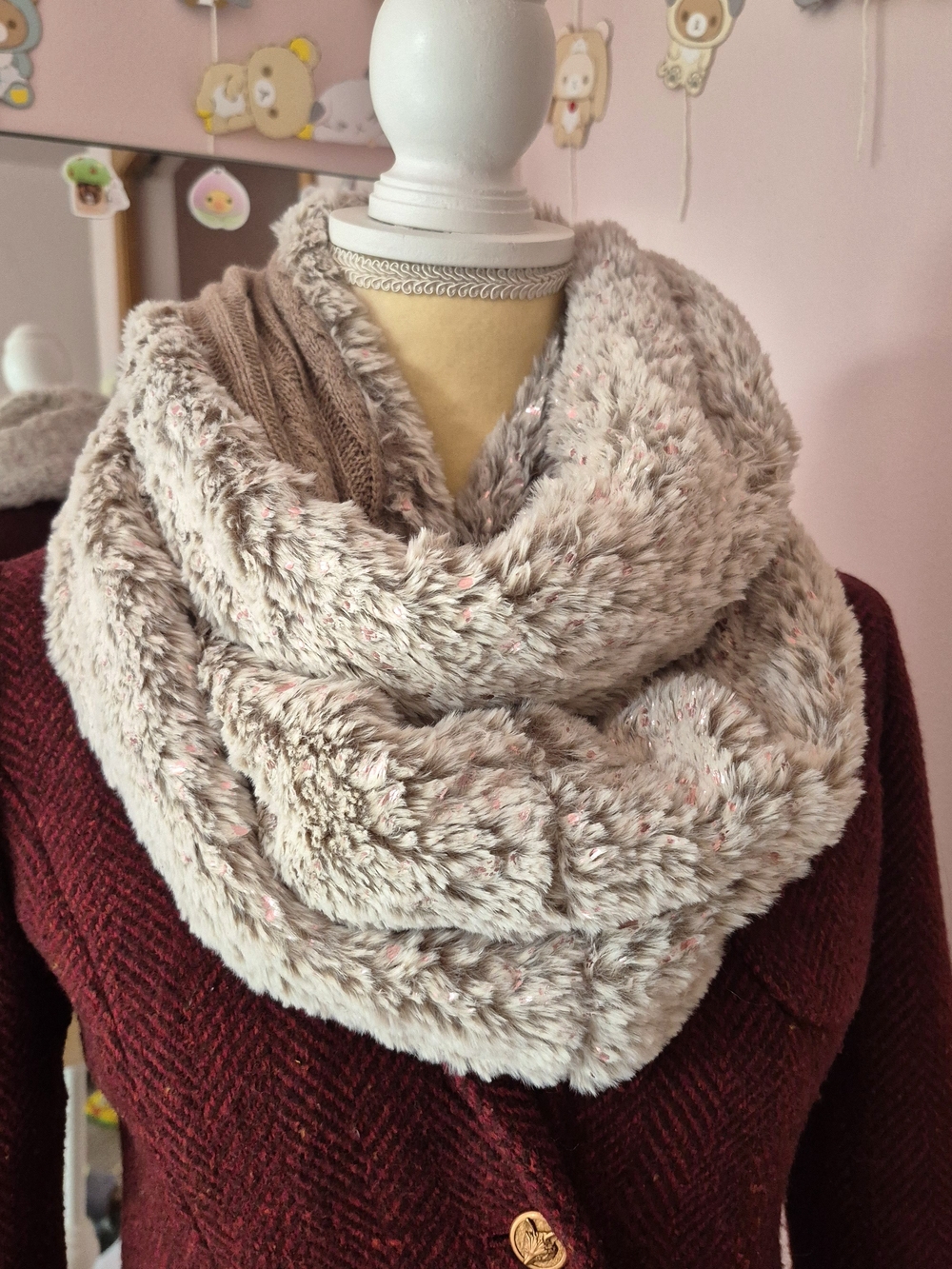 Anthropologie Faux Fur Infinity Scarf in Taupe Gray with Rose Gold Flecks